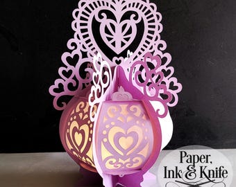 3D SVG Fancy Hearts Round Paper Cut Lantern, Quick and Beautiful Lightbox, Valentine, PDF, Eps, PNG, Dxf, Commercial Use