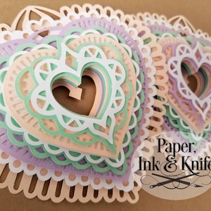 Coeur 2, 3D Papercut Template SVG, PDF, JPG Dxf, Layered Valentine Ornament Bauble, Shadowbox card, Hand or Machine cut, Commercial Use