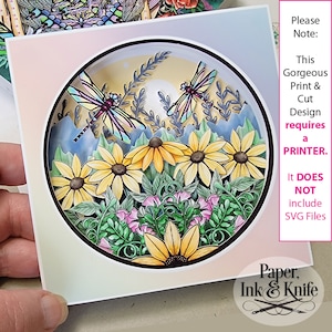 3D Print & Cut Dragonfly Garden Papercut Shadow Box Plantilla, PNG, PDF, 9 capas Uso comercial, Requiere una impresora