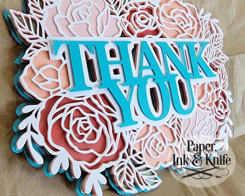 3D Thank You Card Papercut Template SVG, PDF, JPG Dxf, Layered Paper Mandala Shadowbox card, Hand or Machine cut, Commercial Use image 1