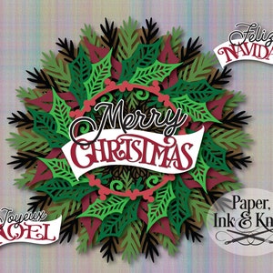 Krans, Vrolijk Kerstfeest, Feliz Navidad, Joyeux Noel, 3D Papercut sjabloon, Svg, Dxf, Pdf, Png, Eps, Commercieel Gebruik