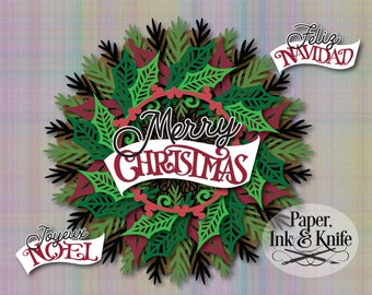 Wreath, Merry Christmas, Feliz Navidad, Joyeux Noel, 3D Papercut template, Svg, Dxf, Pdf, Png, Eps, Commercial Use