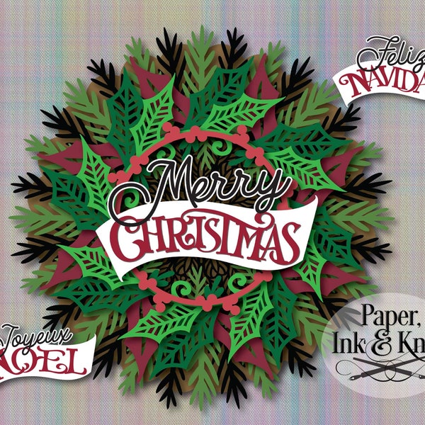 Corona navideña, Feliz Navidad, Joyeux Noel, plantilla de corte de papel 3D, SVG, DXF, PDF, PNG, EPS, uso comercial