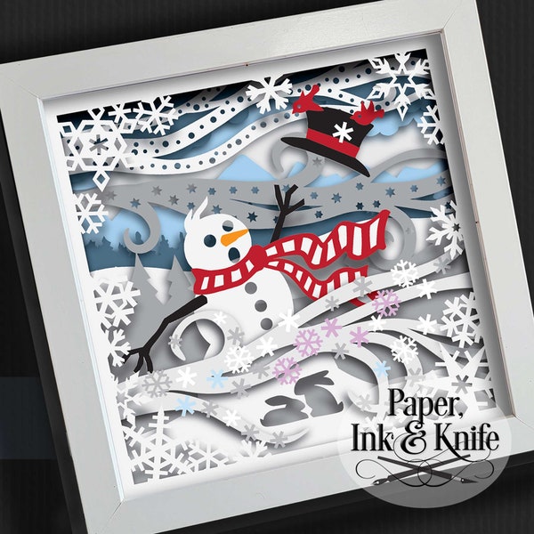 Plantilla de caja de sombras de papel SVG 3D con sombrero de muñeco de nieve que sopla, caja de luz, Dxf, PDF, Png, Eps, uso comercial, corte a mano o a máquina