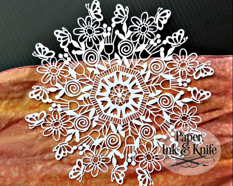 DXF Papercut Template Flowerpots and Butterflies Mandala round floral design PDF Commercial use digital download Machine or Hand cut SVG