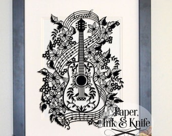 Guitar and musical notes and flowers Papercut Template Customizable. hand or machine Commercial or personal use. Includes PDF and SVG files.