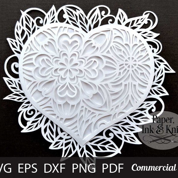 Papercut Template Layered Heart Mandala, 3D Intricate multi or single layer, Machine Cut,Hand cut, Cricut SVG, DXF, PDF Commercial use