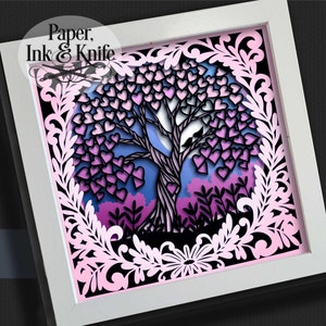 Plantilla Heart Tree Papercut Shadowbox, caja de luz de papel 3D de 7 capas, descarga instantánea DiY, máquina o corte a mano SVG, DXF, PDF Uso comercial