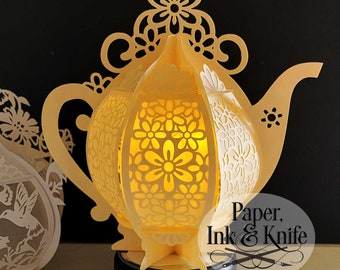 3D SVG Daisies Tall Teapot Paper Cut Lantern, decor Luminary, Lightbox, PDF, Eps, PNG, Dxf, Commercial Use