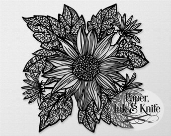 Sunflower Papercut Template, Intricate Mandala Leaves, Instant Download, Machine or Hand cut SVG, DXF, PDF, Eps, Png Commercial use