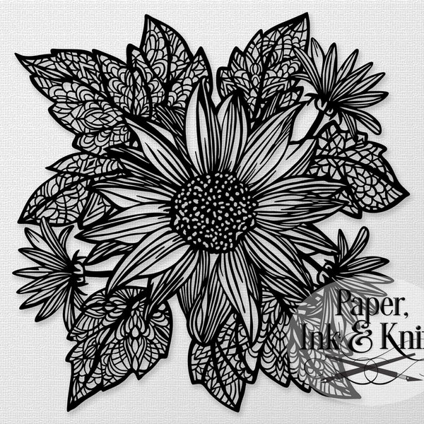 Plantilla de corte de papel de girasol, hojas de Mandala intrincadas, descarga instantánea, máquina o corte a mano SVG, DXF, PDF, Eps, uso comercial png