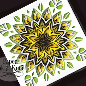 Modèle Shadowbox de mandala tournesol, 3D SvG, téléchargement immédiat bricolage, pour coupe à la main ou à la machine SVG, DXF, PDF commercial