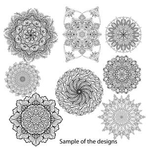 May include: A set of eight black and white mandala designs. The designs are intricate and detailed, with a variety of patterns and shapes.