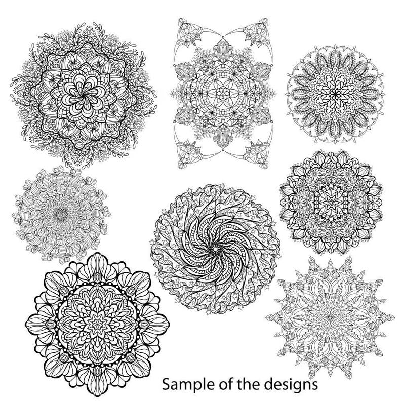 May include: A set of eight black and white mandala designs. The designs are intricate and detailed, with a variety of patterns and shapes.
