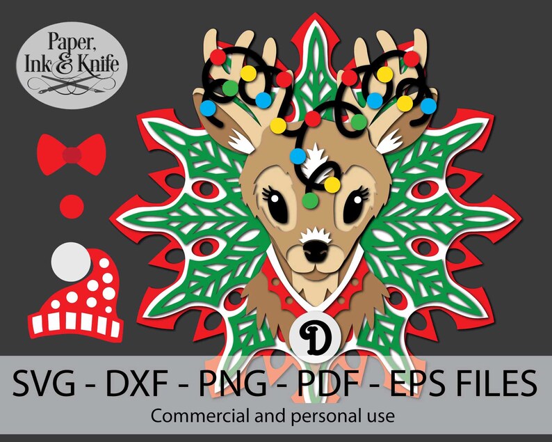 Reindeer Rudolf 3D Papercut Template SVG, PNG Dxf, Layered Paper Ornament, Christmas Shadowbox card, Hand or Machine cut, Commercial Use image 3