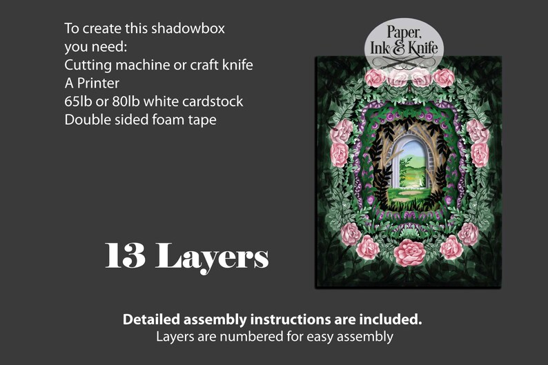May include: A layered paper shadowbox design featuring a garden scene with a central archway, surrounded by pink roses and greenery. The image includes the text "Paper, Ink & Knife", "13 Layers", and instructions for assembly.