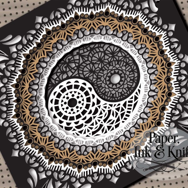 Yin Yang Papercut Shadowbox Template, 9 layers 3D Paper Mandala lightbox, Instant Download, Machine or Hand cut SVG, DXF, PDF Commercial use