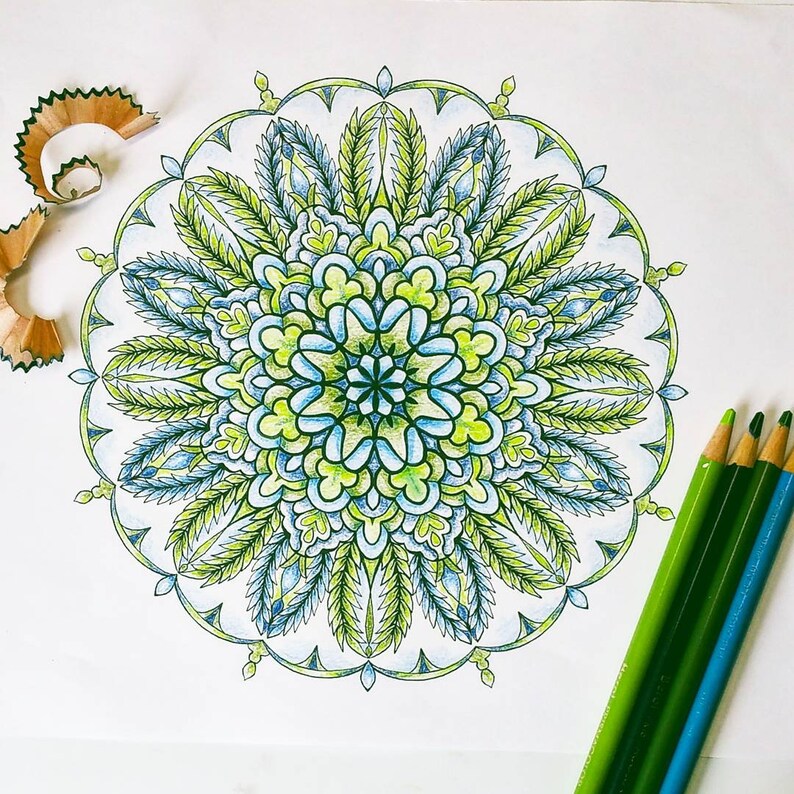 May include: A detailed mandala design with green and blue colored pencil shading. The mandala is surrounded by a white border.