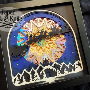 Santa and Reindeer Flying over the Moon 3D Svg Papercut Shadowbox Template, Lightbox, Dxf, Pdf, Png, Eps, Commercial Use
