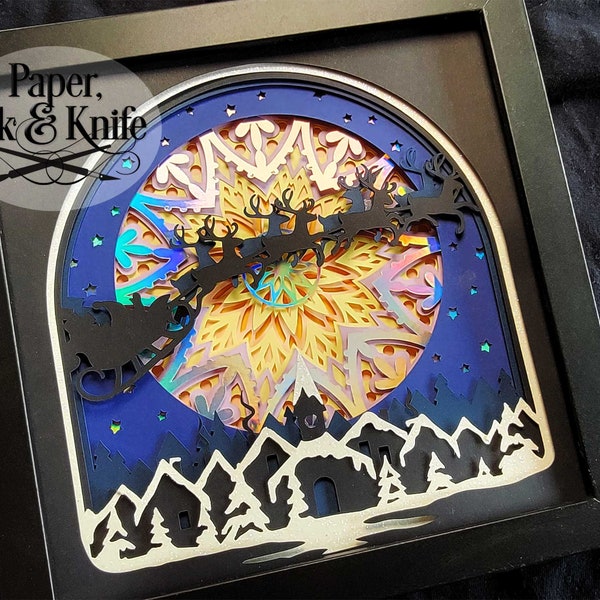 Santa y reno volando sobre la luna 3D Svg Papercut Shadowbox Plantilla, Lightbox, Dxf, Pdf, Png, Eps, Uso comercial