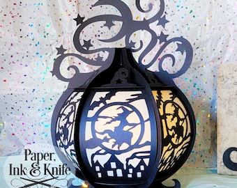 3D SVG Witch Halloween Round Paper Cut Lantern, Lightbox, PDF, Eps, PNG, Dxf, Commercial Use