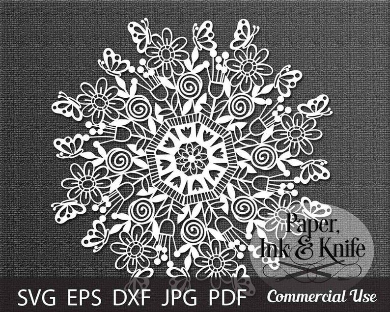 DXF Papercut Template Flowerpots and Butterflies Mandala round floral design PDF Commercial use digital download Machine or Hand cut SVG