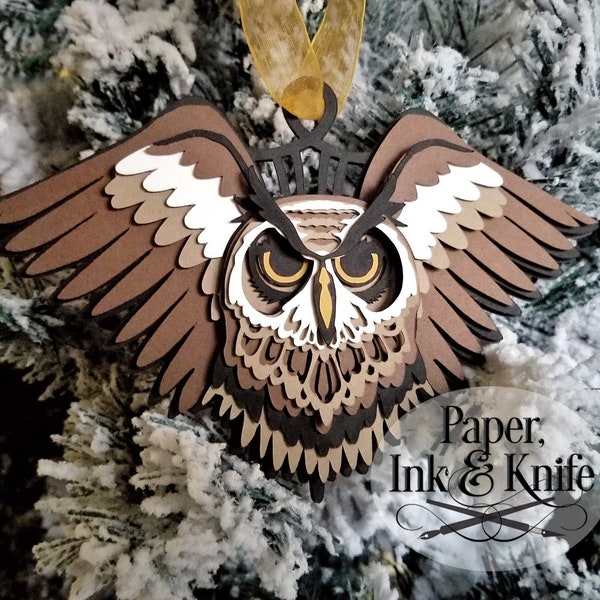 Owl Woodland Layered Holiday Ornement Bauble, 3D Papercut Template SVG, PDF, JPG Dxf, Shadowbox card, Hand or Machine cut, Commercial Use