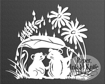 Papercut Template, Shelter from the rain mice, Digital Download, Wedding gift, Machine or Hand cut SVG, DXF, PDF Commercial use