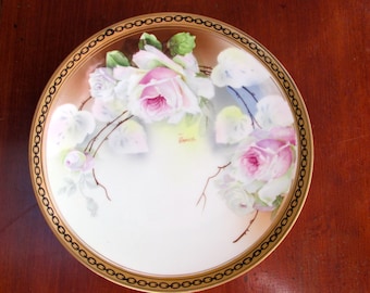 Antique Roses Adorn this Porcelain Plate by 0. & E. G. Royal Austria Hand-Painted - Plate is signed "Laporte" by the Artist