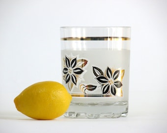 A Vintage Mid-Century Modern Frosted Glass Ice Bucket with a Black-and-Gold Floral Design by De Val Bor, Italy, from Bubbly Creek