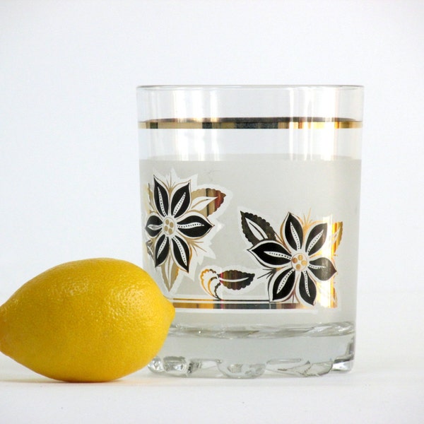 A Vintage Mid-Century Modern Frosted Glass Ice Bucket with a Black-and-Gold Floral Design by De Val Bor, Italy, from Bubbly Creek