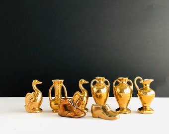 Gold Miniature Assorted Figurine Set of 8 with Vases, Geese, and Shoes Made in Japan of Gilt Porcelain in "Collectibles" at Bubbly Creek