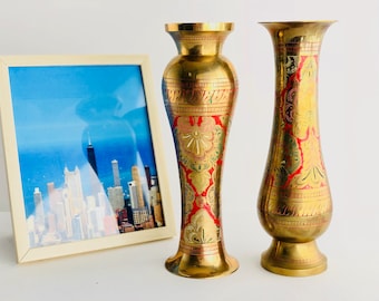 A Pair of Vintage Engraved Brass Vases / Candleholders in Classic Boho Style - Made in India - at Bubbly Creek