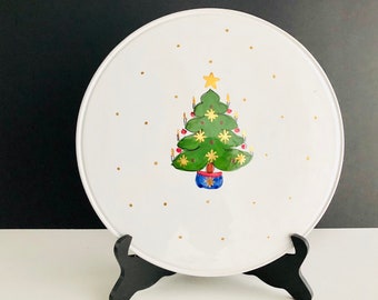 Large Round Ceramic Holiday Serving Platter and Bowl Set with a Christmas Tree and Gold Stars at Bubbly Creek