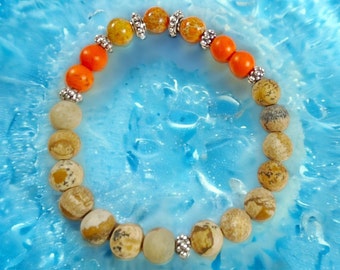 Picture Jasper, Calcite and Orange Howlite Stretch Bracelet, His and Her Jewelry, Yoga Wear, Trending Now, Popular Right Now
