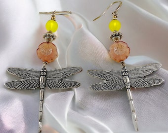 Pink and Yellow Dragonfly Earrings, Aesthetic Earrings, Quirky Earrings, Nu Goth, Trending Now, Popular Right Now