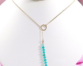 Gold Lariat Necklace with Vibrant Aqua Jade Gemstones, Lariat Y Necklace, Real Jade Necklace, Popular Right Now, Trending Now