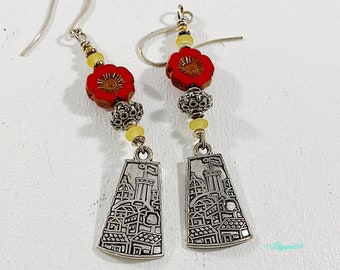 Red Flower Rectangle Earrings, Aesthetic Earrings, Nu Goth, Trending Now, Made To Order
