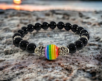 Black Onyx LGBT Bracelet, His and Her Jewelry, Wanderlust Jewelry. Calming Bracelet, Trending Now, Popular Right Now