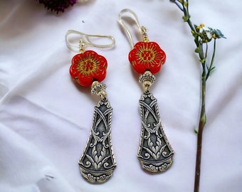 Red Czech Glass Flower Earrings, Aesthetic Earrings, Novelty Earrings, Trending Now, Popular Right Now