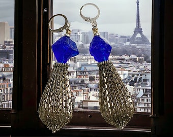 Royal Blue Czech Glass Earrings, Aesthetic Earrings, Whimsical Earrings, Trending Now, Popular Right Now