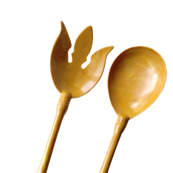 Mid Century Butterscotch Plastic Resin Salad Server Set - Kitchen Utensils - Kitchencore - Vintagecore - Marble Swirl Design