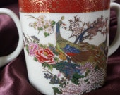 Two Satsuma Pottery Cups, Mugs, Japan Peacocks Mugs, Birds, Flowers Oriental Asian Pottery, Vintage