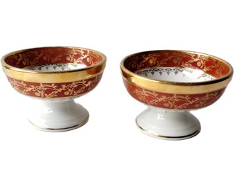 Footed Warwick Bone China Bowls - Set of 2 - Minimalist - Trinket - Jewelry Bowls - Serving Bowl - Berry Bowl - Red and Gold - Replacements