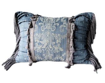 Blue - Steel Gray Accent Throw Pillow - Sofa Pillow w/Insert - Lakehouse - Cottagecore - Fringe - Tassels - Embroidery - Designer - Pleated