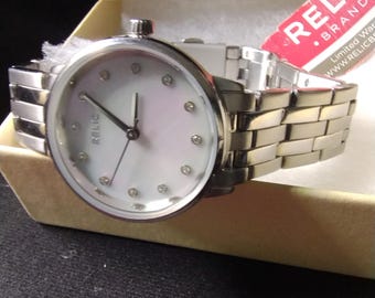 Vintage RELIC by Fossil - New Old Stock with Tags -  Mother of Pearl Dial - Silver tone Watch Bracelet. Working Condition - New Battery