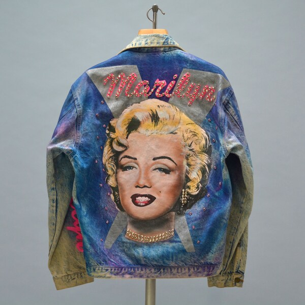 80s Painted Jean Jacket - Vintage Eighties Hand Painted Denim Jacket Marilyn Monroe Pop Art Some Like It Hot Rhinestone Bedazzled Jacket