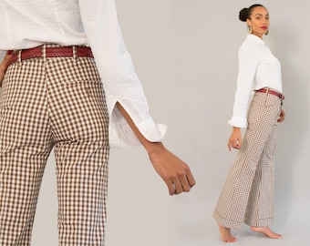 Deadstock Levi’s Panatela Trousers - NOS Vintage 70s Brown and White Gingham Check Plaid Bell Bottom Pants Wide Leg Deep Cuff Trousers M