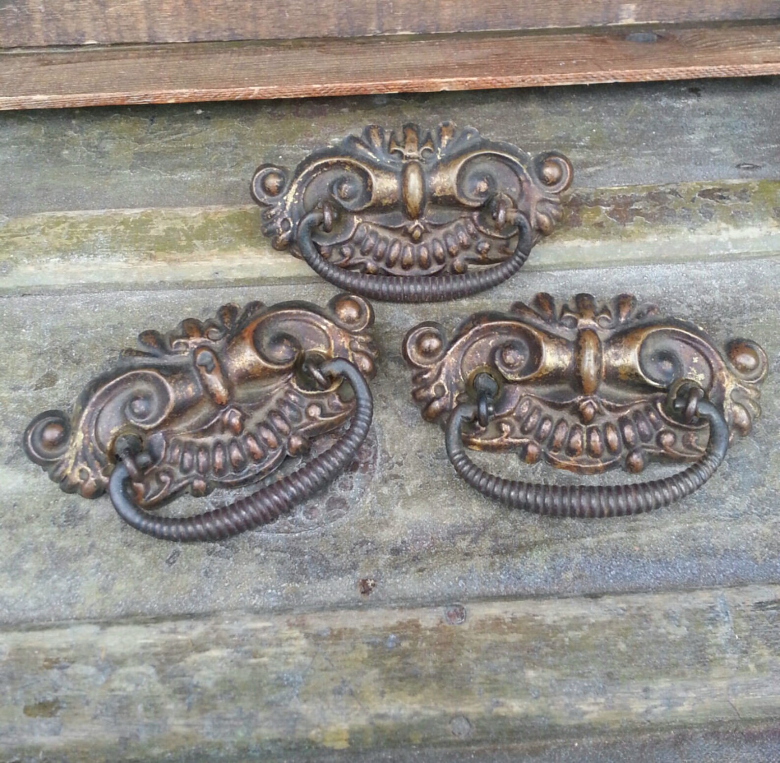 Three Large 5 Antique Stamped Brass Drawer Pulls 3 Etsy
