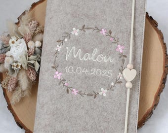 U Heft Hülle Filz Blumenkranz,U-Heft Hülle ,U-Heft,U-Hefthülle Geschenk Geburt,Untersuchungsheft personalisiert mit Namen,Beige,rosa